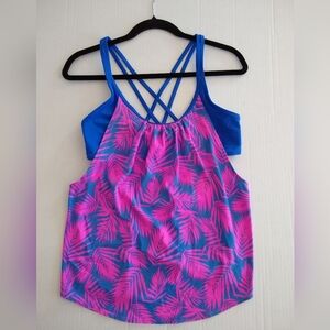 Pink and Blue Leaf Print Women's Activewear Strappy Top  Med